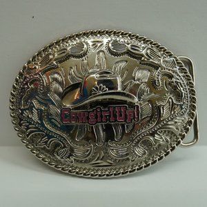 Cowgirl belt buckle pink lettering 3 X 4 inches